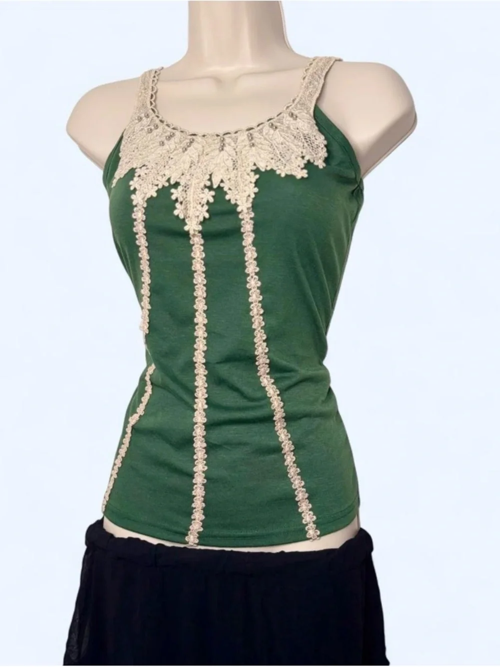 Fairycore Green Tank Top with Cream Crochet Trim - Picture 1 of 6